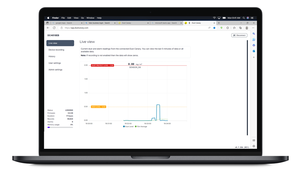 DustCanary measuring dust software on laptop